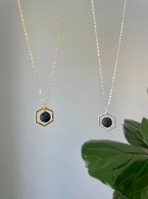 Hexagon Charm Necklace with Dangling Lava Bead Necklace