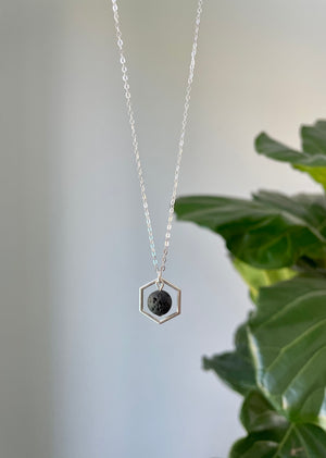 Hexagon Charm Necklace with Dangling Lava Bead Necklace